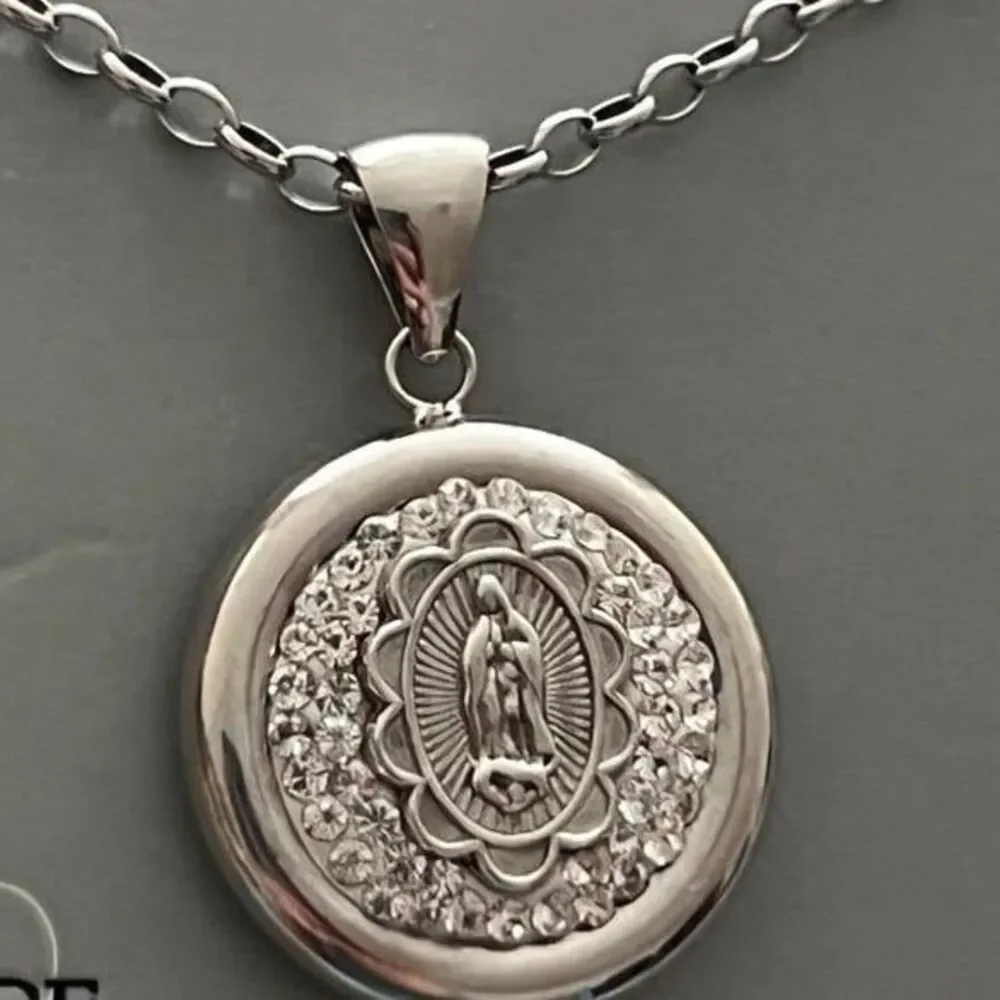 Sterling Silver 925 Virgin Mary pendant necklace with crystal details new